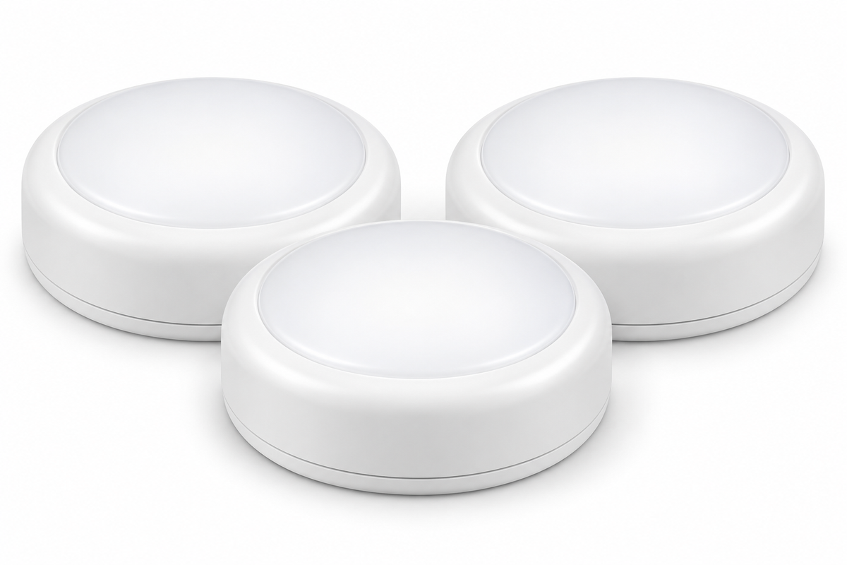 three white puck lights