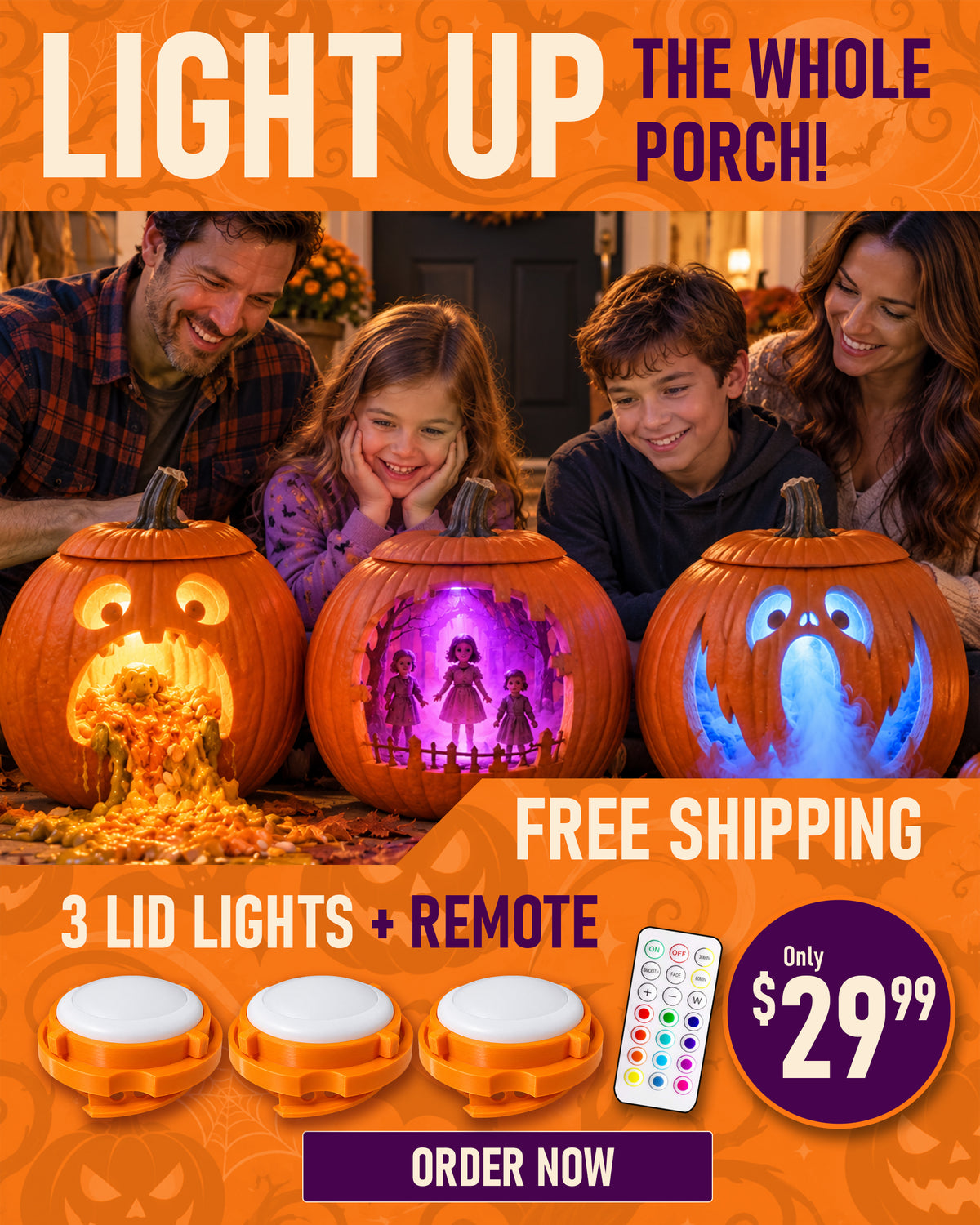 Light up the whole porch. 3 Pumpkin Lid Lights + FREE Remote, now only $29.99. Plus Free Shipping!