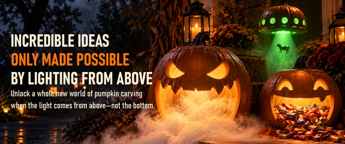 Incredible ideas are only made possible by lighting from above. Unlock a whole new world of pumpkin carving when the light comes on from above, not the bottom.