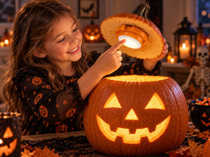 young girl pressing puck light to illuminate pumpkin