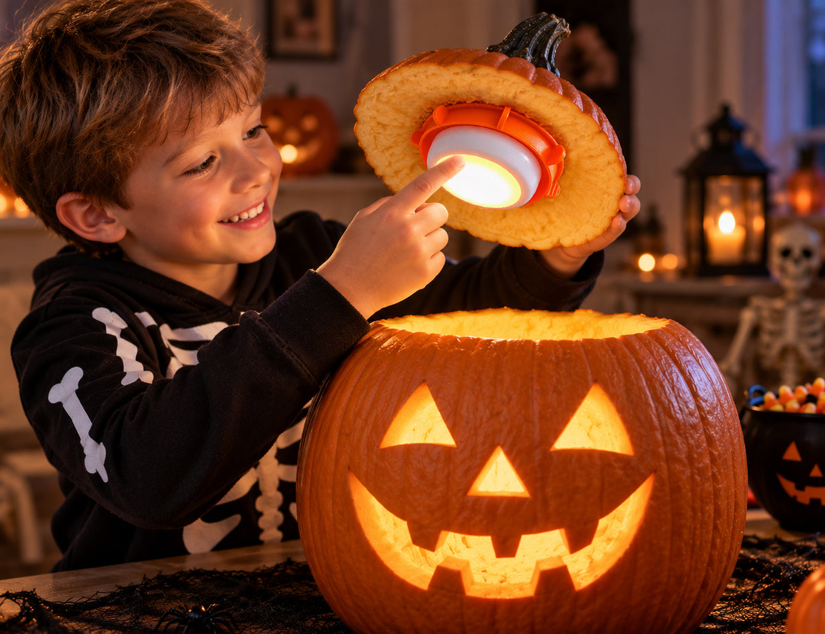 young boy turning pumpkin light on