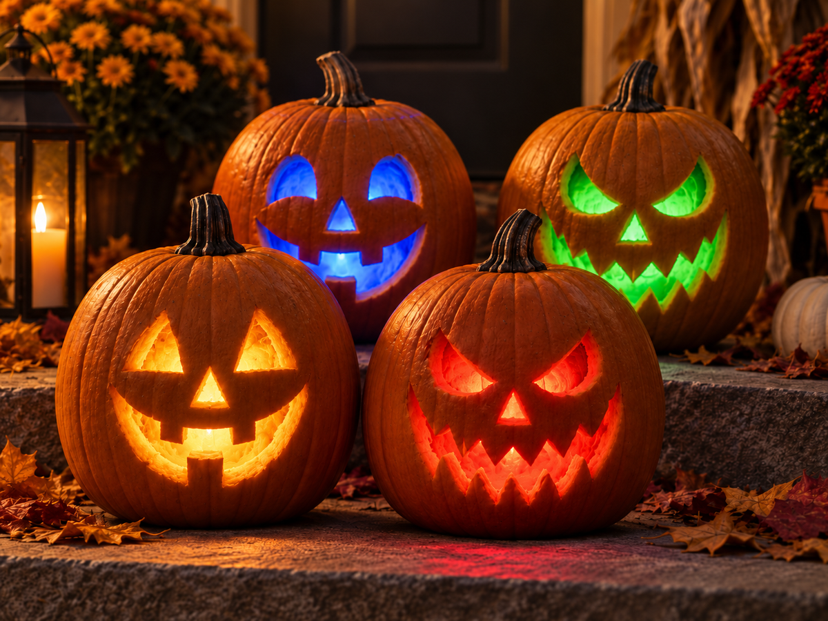 4 lit jack-o-lanterns in different colors