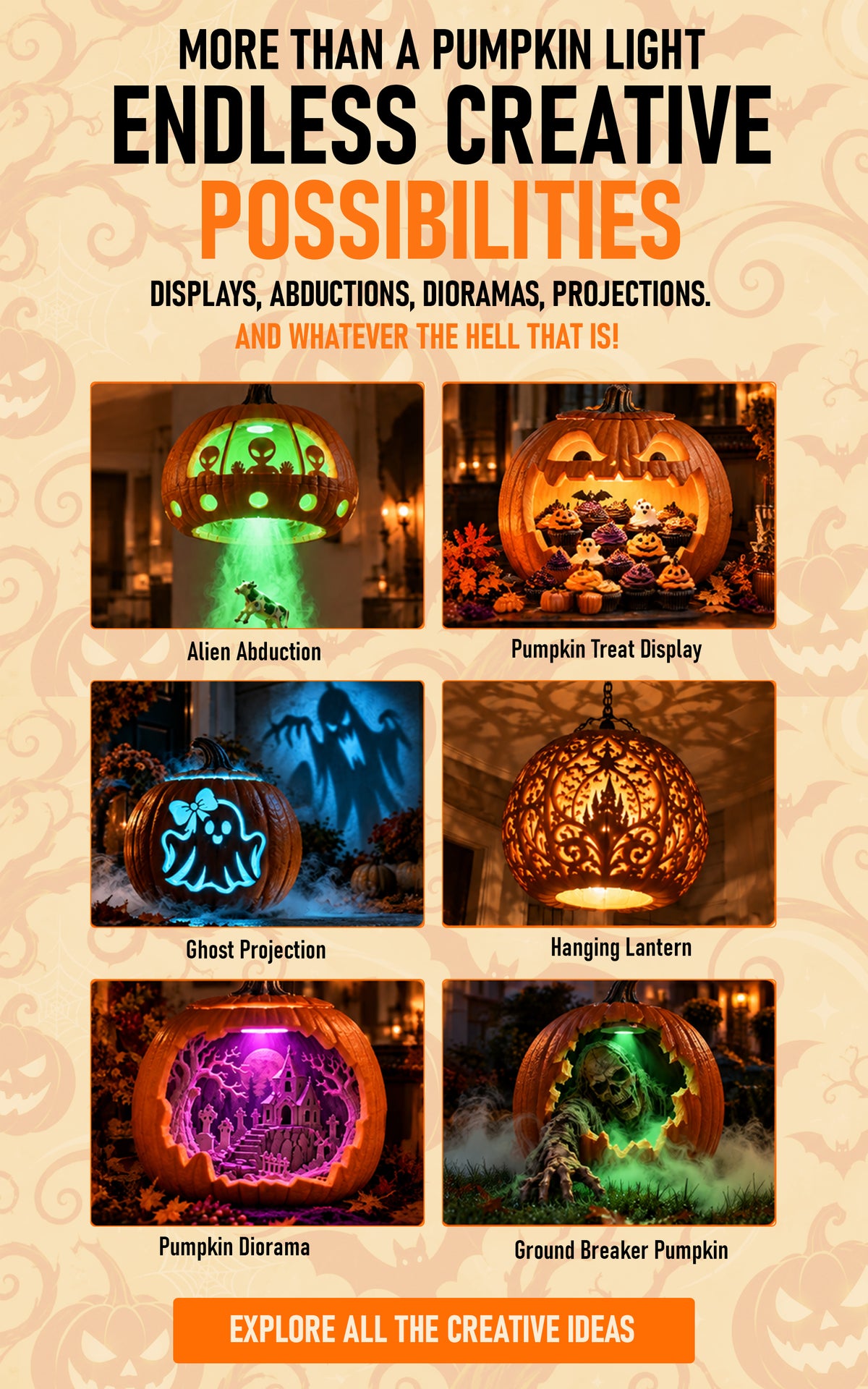 more than a pumpkin light - endless creative possibilities. Displays, abductions, dioramas, projections. and whatever the hell that is! Alien abduction, pumpkin treat display, ghost projection, hanging lantern, pumpkin diorama, and ground breaker pumpkin. Explore all the creative ideas