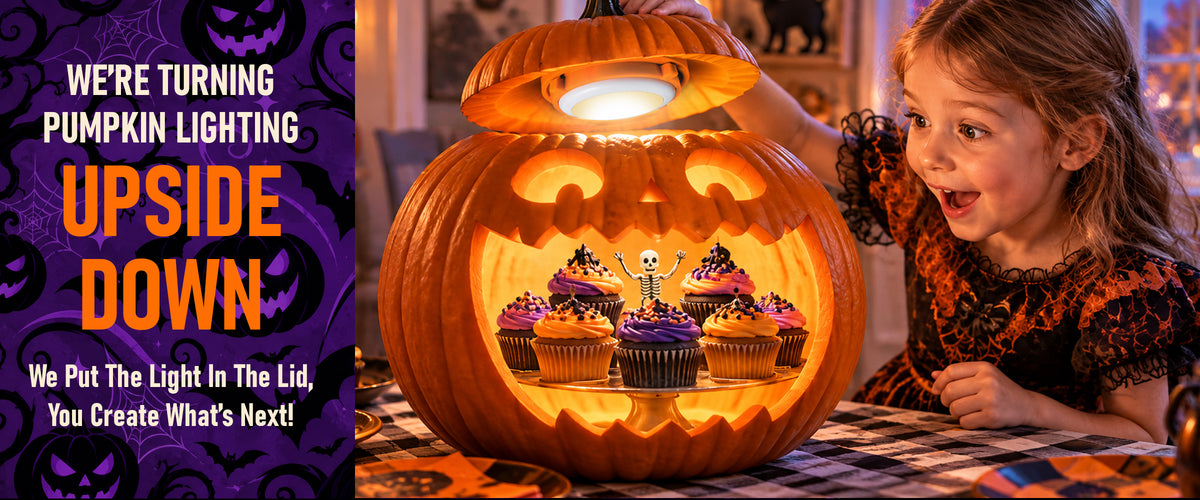 We're turning pumpkin lighting upside down. We put the light in thelid, you create what's next!